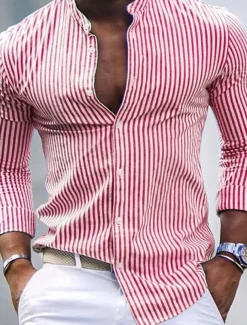 Men's Shirt Band Collar Shirt Summer Shirt Beach Wear Casual Shirt Button Up Shirt Pink Blue Green Gray Long Sleeve Striped Stand Collar Vacation Hawaiian Print Clothing Apparel Fashion Classic