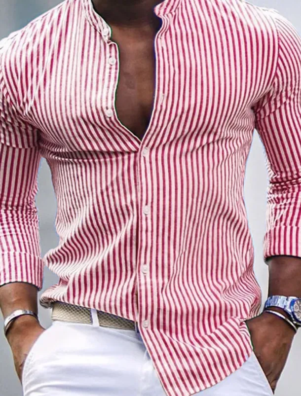 Men's Shirt Band Collar Shirt Summer Shirt Beach Wear Casual Shirt Button Up Shirt Pink Blue Green Gray Long Sleeve Striped Stand Collar Vacation Hawaiian Print Clothing Apparel Fashion Classic