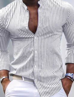 Men's Shirt Band Collar Shirt Summer Shirt Beach Wear Casual Shirt Button Up Shirt Pink Blue Green Gray Long Sleeve Striped Stand Collar Vacation Hawaiian Print Clothing Apparel Fashion Classic