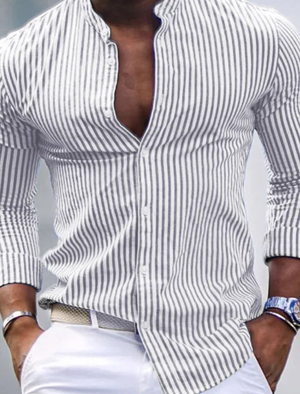 Men's Shirt Band Collar Shirt Summer Shirt Beach Wear Casual Shirt Button Up Shirt Pink Blue Green Gray Long Sleeve Striped Stand Collar Vacation Hawaiian Print Clothing Apparel Fashion Classic