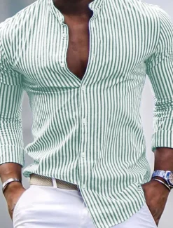 Men's Shirt Band Collar Shirt Summer Shirt Beach Wear Casual Shirt Button Up Shirt Pink Blue Green Gray Long Sleeve Striped Stand Collar Vacation Hawaiian Print Clothing Apparel Fashion Classic