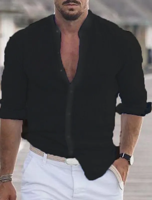 Men's Shirt Band Collar Shirt Summer Shirt Beach Wear Button Up Shirt Casual Shirt Black White Pink Army Green Long Sleeve Solid Color Collar Party Hawaiian Clothing Apparel