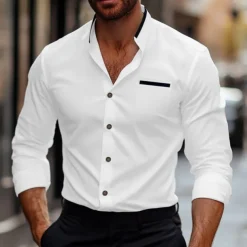 Men's Shirt Band Collar Shirt Dress Shirt Button Up Shirt Oxford Shirt Patchwork Wedding Vacation White Navy Blue Blue Gray Long Sleeve Standing Collar Spring & Summer Clothing Apparel Front Pocket