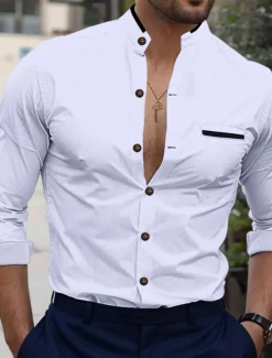 Men's Shirt Band Collar Shirt Dress Shirt Button Up Shirt Oxford Shirt Color Block Office & Career Wedding Party White Dark Blue Light Sky Blue Gray Long Sleeve Standing Collar Spring & Fall