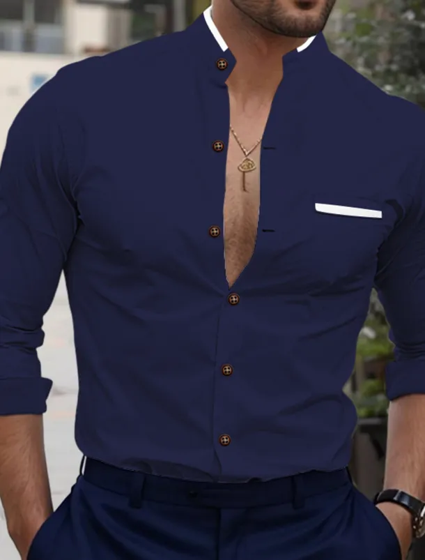 Men's Shirt Band Collar Shirt Dress Shirt Button Up Shirt Oxford Shirt Color Block Office & Career Wedding Party White Dark Blue Light Sky Blue Gray Long Sleeve Standing Collar Spring & Fall