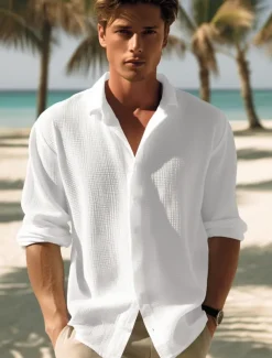 Men's Shirt Button Up Shirt Casual Shirt Summer Shirt Waffle Henley Shirt Black White Blue khaki Long Sleeve Plain Lapel Daily Vacation Clothing Apparel Fashion Casual Comfortable