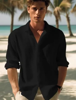 Men's Shirt Button Up Shirt Casual Shirt Summer Shirt Waffle Henley Shirt Black White Blue khaki Long Sleeve Plain Lapel Daily Vacation Clothing Apparel Fashion Casual Comfortable