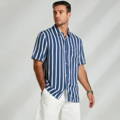 Men's Shirt Button Up Shirt Casual Shirt Beach Shirt Blue Light Blue Short Sleeve Striped Turndown Shirt Collar Party Causal Button Clothing Apparel Daily Casual Daily