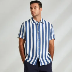 Men's Shirt Button Up Shirt Casual Shirt Beach Shirt Blue Light Blue Short Sleeve Striped Turndown Shirt Collar Party Causal Button Clothing Apparel Daily Casual Daily