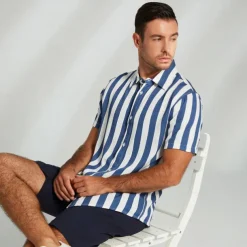 Men's Shirt Button Up Shirt Casual Shirt Beach Shirt Blue Light Blue Short Sleeve Striped Turndown Shirt Collar Party Causal Button Clothing Apparel Daily Casual Daily