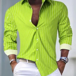 Men's Shirt Button Up Shirt Casual Shirt Summer Shirt Pink Blue Green Long Sleeve Stripes Lapel Hawaiian Holiday Button-Down Clothing Apparel Fashion Casual Comfortable