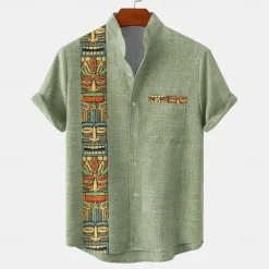 Men's Shirt Button Up Shirt Short Sleeve Vintage Casual Tribal Vacation Daily Summer Spring Band Collar grandad collar Print Dark Green Green Khaki