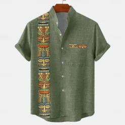Men's Shirt Button Up Shirt Short Sleeve Vintage Casual Tribal Vacation Daily Summer Spring Band Collar grandad collar Print Dark Green Green Khaki
