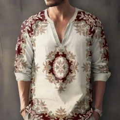 Men's Shirt Button Up Shirt Long Sleeve Fashion Casual Outdoor Daily Summer Spring Fall Stand Collar Print Khaki