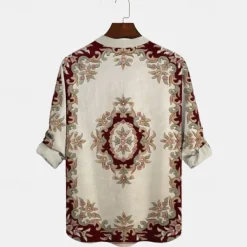 Men's Shirt Button Up Shirt Long Sleeve Fashion Casual Outdoor Daily Summer Spring Fall Stand Collar Print Khaki