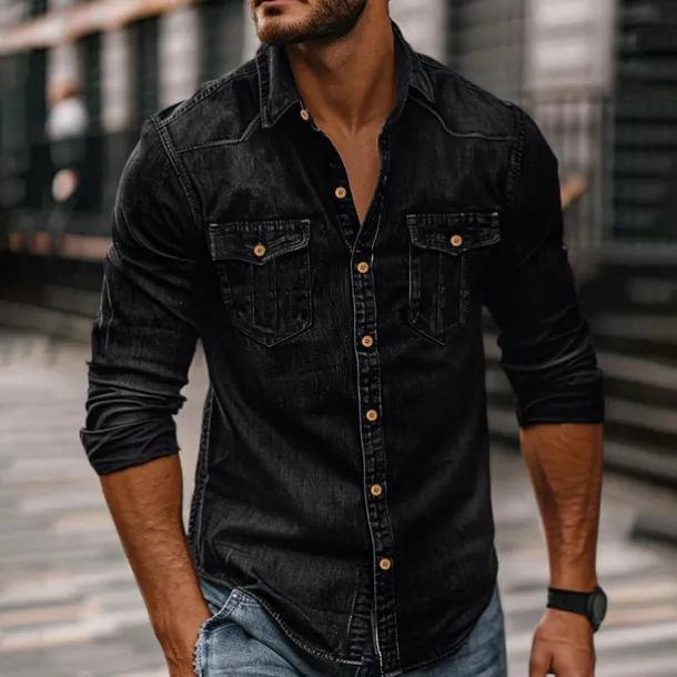 Men's Shirt Chambray Shirt Calico Shirt Button Up Shirt Casual Shirt Denim Shirt Denim Blue Black Dark Navy Blue Long Sleeve Plain Collar Daily Vacation Clothing Apparel Cotton Fashion Casual