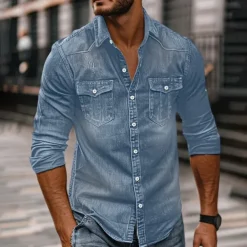 Men's Shirt Chambray Shirt Calico Shirt Button Up Shirt Casual Shirt Denim Shirt Denim Blue Black Dark Navy Blue Long Sleeve Plain Collar Daily Vacation Clothing Apparel Cotton Fashion Casual