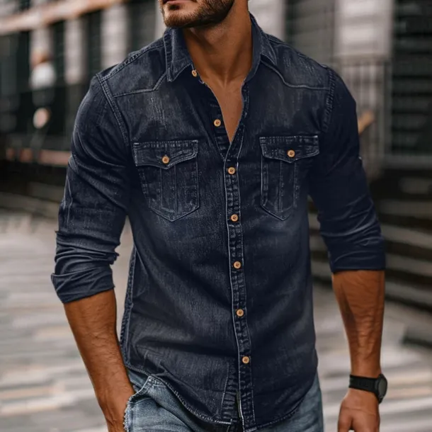 Men's Shirt Chambray Shirt Calico Shirt Button Up Shirt Casual Shirt Denim Shirt Denim Blue Black Dark Navy Blue Long Sleeve Plain Collar Daily Vacation Clothing Apparel Cotton Fashion Casual