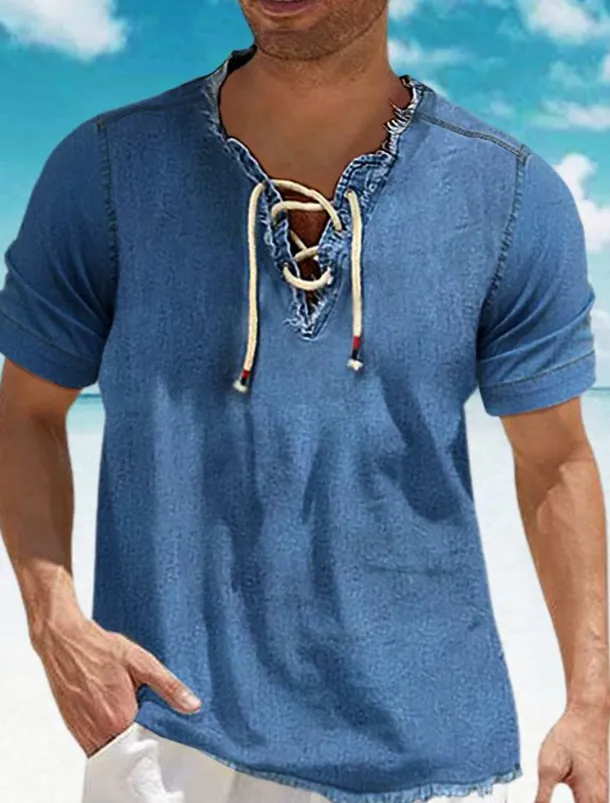 Men's Shirt Chambray Shirt Calico Shirt Summer Shirt Beach Wear Casual Shirt Navy Blue Blue Light Blue Short Sleeve Plain Denim V Neck Daily Vacation Drawstring Clothing Apparel Cotton Blend Fashion