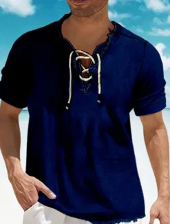 Men's Shirt Chambray Shirt Calico Shirt Summer Shirt Beach Wear Casual Shirt Navy Blue Blue Light Blue Short Sleeve Plain Denim V Neck Daily Vacation Drawstring Clothing Apparel Cotton Blend Fashion