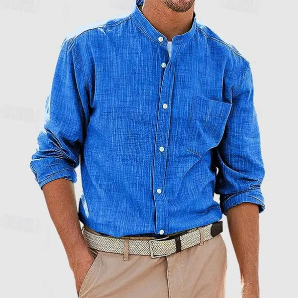 Men's Shirt Chinese Collar Shirt Mandarin Collar Shirt Summer Shirt Casual Shirt Beach Shirt White Red Navy Blue Blue Long Sleeve Plain Band Collar Vacation Hawaiian Pocket Clothing Apparel Polyester