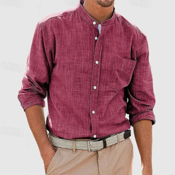 Men's Shirt Chinese Collar Shirt Mandarin Collar Shirt Summer Shirt Casual Shirt Beach Shirt White Red Navy Blue Blue Long Sleeve Plain Band Collar Vacation Hawaiian Pocket Clothing Apparel Polyester