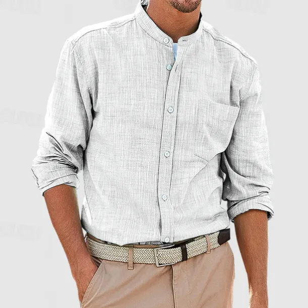 Men's Shirt Chinese Collar Shirt Mandarin Collar Shirt Summer Shirt Casual Shirt Beach Shirt White Red Navy Blue Blue Long Sleeve Plain Band Collar Vacation Hawaiian Pocket Clothing Apparel Polyester