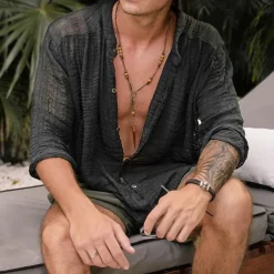 Men's Shirt Chinese Collar Shirt Mandarin Collar Shirt Summer Shirt Casual Shirt Beach Shirt Black khaki Long Sleeve Plain Grandad Collar Henley Vacation Hawaiian Button-Down Clothing Apparel Cotton