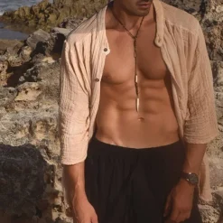 Men's Shirt Chinese Collar Shirt Mandarin Collar Shirt Summer Shirt Casual Shirt Beach Shirt Black khaki Long Sleeve Plain Grandad Collar Henley Vacation Hawaiian Button-Down Clothing Apparel Cotton