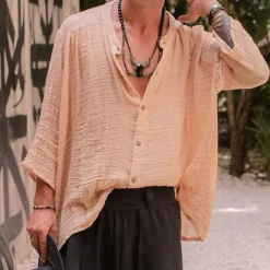 Men's Shirt Chinese Collar Shirt Mandarin Collar Shirt Summer Shirt Casual Shirt Beach Shirt Black khaki Long Sleeve Plain Grandad Collar Henley Vacation Hawaiian Button-Down Clothing Apparel Cotton