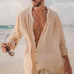 Men's Shirt Chinese Collar Shirt Mandarin Collar Shirt Summer Shirt Casual Shirt Beach Shirt Black khaki Long Sleeve Plain Grandad Collar Henley Vacation Hawaiian Button-Down Clothing Apparel Cotton