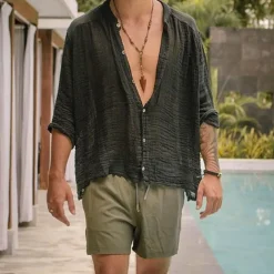 Men's Shirt Chinese Collar Shirt Mandarin Collar Shirt Summer Shirt Casual Shirt Beach Shirt Black khaki Long Sleeve Plain Grandad Collar Henley Vacation Hawaiian Button-Down Clothing Apparel Cotton