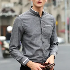 Men's Shirt Chinese Collar Shirt Mandarin Collar Shirt Dress Shirt Button Up Shirt Plain Wedding Party Pink Blue Sky Blue Dark Gray Long Sleeve Grandad Collar Spring & Fall Clothing Apparel Patchwork