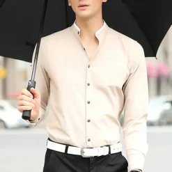 Men's Shirt Chinese Collar Shirt Mandarin Collar Shirt Dress Shirt Button Up Shirt Plain Wedding Party Pink Blue Sky Blue Dark Gray Long Sleeve Grandad Collar Spring & Fall Clothing Apparel Patchwork