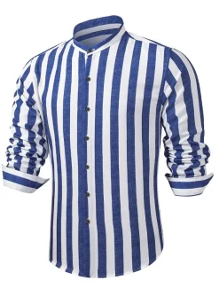 Men's Shirt Chinese Collar Shirt Mandarin Collar Shirt Summer Shirt Casual Shirt Button Up Shirt Blue Green Dark Blue Long Sleeve Stripes Grandad Collar Band Collar Vacation Daily Clothing Apparel
