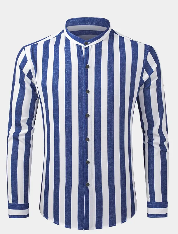 Men's Shirt Chinese Collar Shirt Mandarin Collar Shirt Summer Shirt Casual Shirt Button Up Shirt Blue Green Dark Blue Long Sleeve Stripes Grandad Collar Band Collar Vacation Daily Clothing Apparel