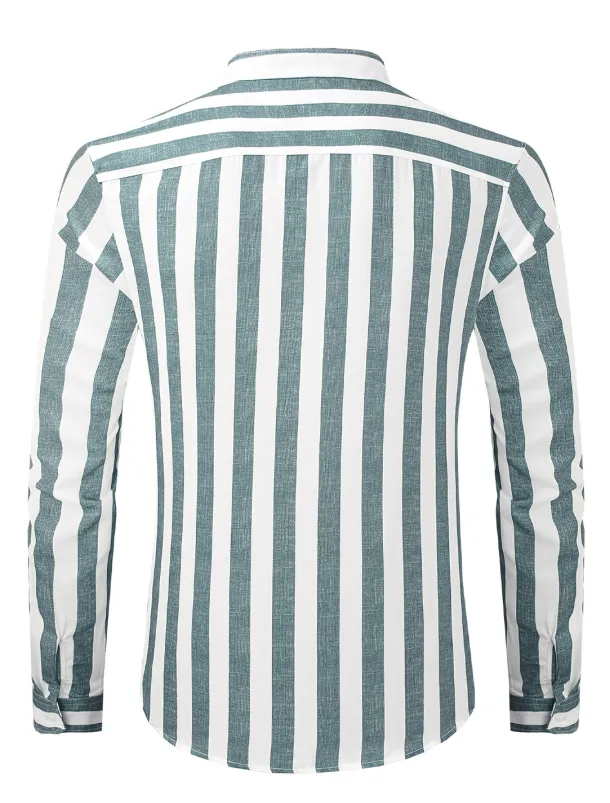 Men's Shirt Chinese Collar Shirt Mandarin Collar Shirt Summer Shirt Casual Shirt Button Up Shirt Blue Green Dark Blue Long Sleeve Stripes Grandad Collar Band Collar Vacation Daily Clothing Apparel