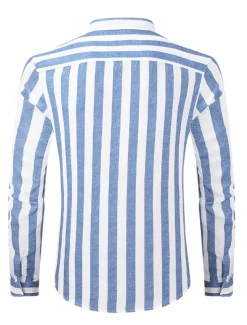 Men's Shirt Chinese Collar Shirt Mandarin Collar Shirt Summer Shirt Casual Shirt Button Up Shirt Blue Green Dark Blue Long Sleeve Stripes Grandad Collar Band Collar Vacation Daily Clothing Apparel
