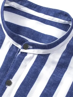 Men's Shirt Chinese Collar Shirt Mandarin Collar Shirt Summer Shirt Casual Shirt Button Up Shirt Blue Green Dark Blue Long Sleeve Stripes Grandad Collar Band Collar Vacation Daily Clothing Apparel