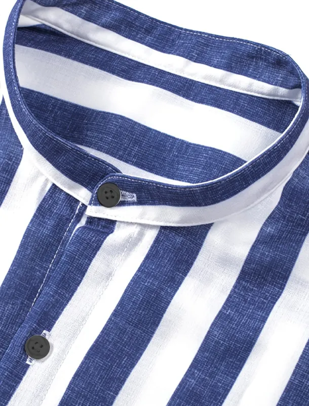 Men's Shirt Chinese Collar Shirt Mandarin Collar Shirt Summer Shirt Casual Shirt Button Up Shirt Blue Green Dark Blue Long Sleeve Stripes Grandad Collar Band Collar Vacation Daily Clothing Apparel