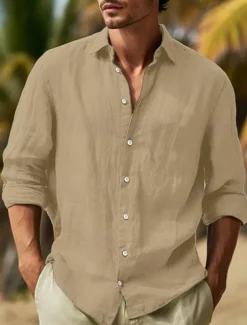 Men's Shirt Cotton Linen Shirt Summer Shirt Beach Wear Button Up Shirt Plain Vacation Curise Black White Pink Navy Blue Long Sleeve Lapel Spring & Summer Clothing Apparel