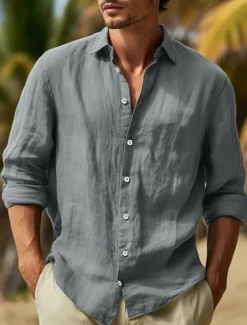 Men's Shirt Cotton Linen Shirt Summer Shirt Beach Wear Button Up Shirt Plain Vacation Curise Black White Pink Navy Blue Long Sleeve Lapel Spring & Summer Clothing Apparel