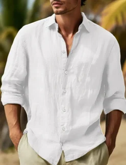 Men's Shirt Cotton Linen Shirt Summer Shirt Beach Wear Button Up Shirt Plain Vacation Curise Black White Pink Navy Blue Long Sleeve Lapel Spring & Summer Clothing Apparel
