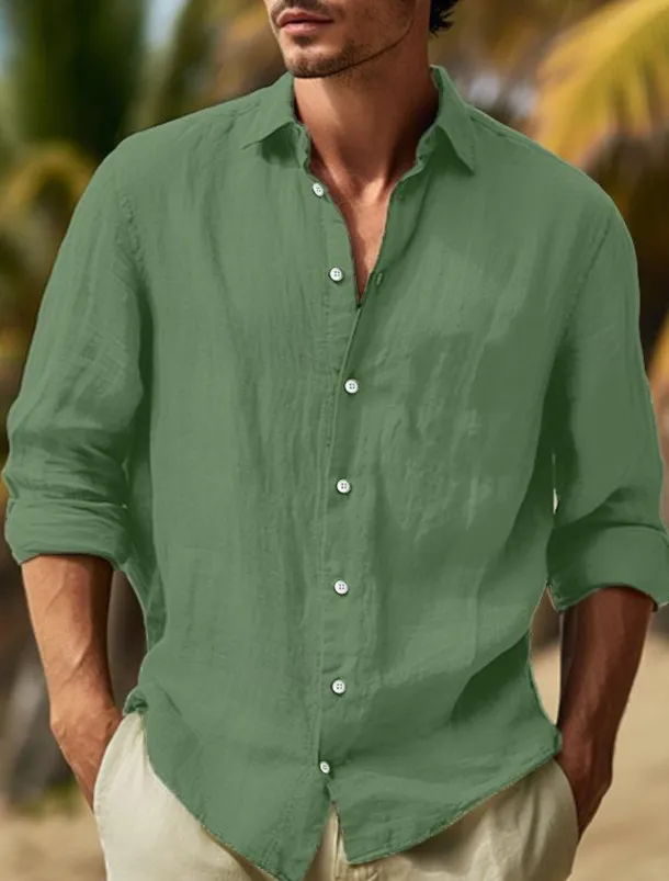 Men's Shirt Cotton Linen Shirt Summer Shirt Beach Wear Button Up Shirt Plain Vacation Curise Black White Pink Navy Blue Long Sleeve Lapel Spring & Summer Clothing Apparel