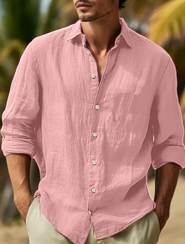 Men's Shirt Cotton Linen Shirt Summer Shirt Beach Wear Button Up Shirt Plain Vacation Curise Black White Pink Navy Blue Long Sleeve Lapel Spring & Summer Clothing Apparel