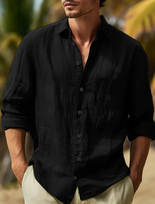 Men's Shirt Cotton Linen Shirt Summer Shirt Beach Wear Button Up Shirt Plain Vacation Curise Black White Pink Navy Blue Long Sleeve Lapel Spring & Summer Clothing Apparel