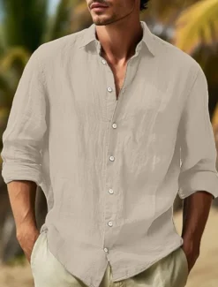 Men's Shirt Cotton Linen Shirt Summer Shirt Beach Wear Button Up Shirt Plain Vacation Curise Black White Pink Navy Blue Long Sleeve Lapel Spring & Summer Clothing Apparel