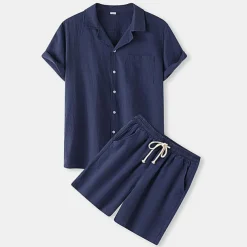 Men's Shirt Cotton Linen Shirt 2 Piece Shirt Set Summer Set Plain Hawaiian Holiday Black White Yellow Green Short Sleeve Lapel Spring & Summer Clothing Apparel Pocket