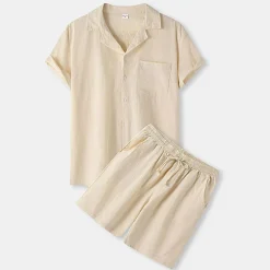 Men's Shirt Cotton Linen Shirt 2 Piece Shirt Set Summer Set Plain Hawaiian Holiday Black White Yellow Green Short Sleeve Lapel Spring & Summer Clothing Apparel Pocket