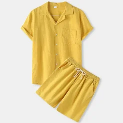 Men's Shirt Cotton Linen Shirt 2 Piece Shirt Set Summer Set Plain Hawaiian Holiday Black White Yellow Green Short Sleeve Lapel Spring & Summer Clothing Apparel Pocket